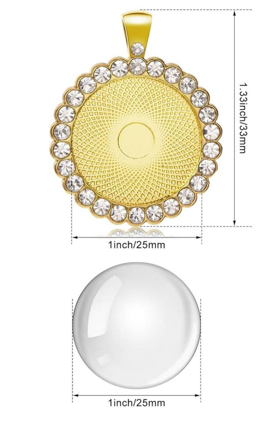 Round Cabochon Rhinestone Pendant w/ Round Glass Dome